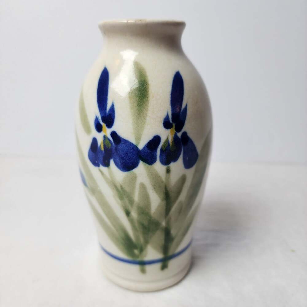 Hand Painted Blue Iris Flower Ceramic Vase 5.5" Tall